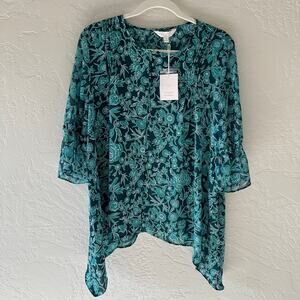 LC LAUREN CONRAD | Womens Pintuck Shark-Bite Top NEW Large Blouse Brocade Blooms